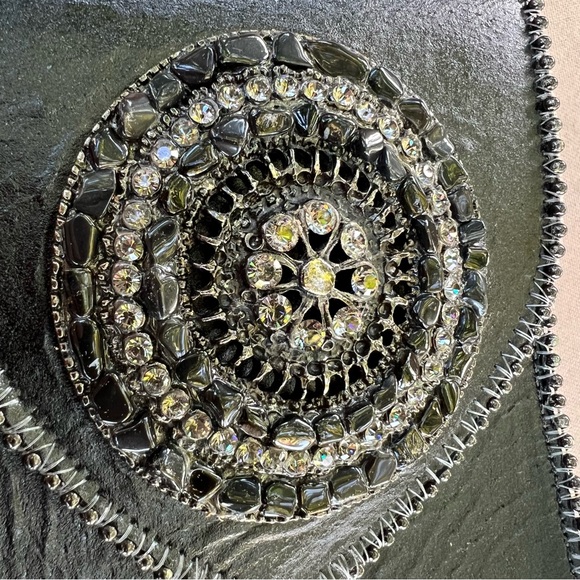 LR Leatherock Black Leather Mini Crossbody Bag Crystal Rock Pebbled Detail - Picture 12 of 16